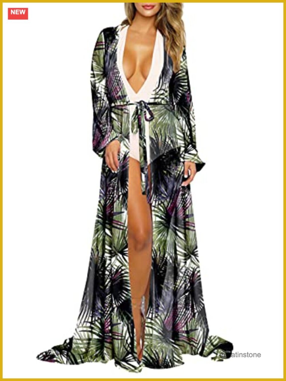 Flowy Maxi Swimsuit Cover Up Tie Front Robe with Long Sleeves